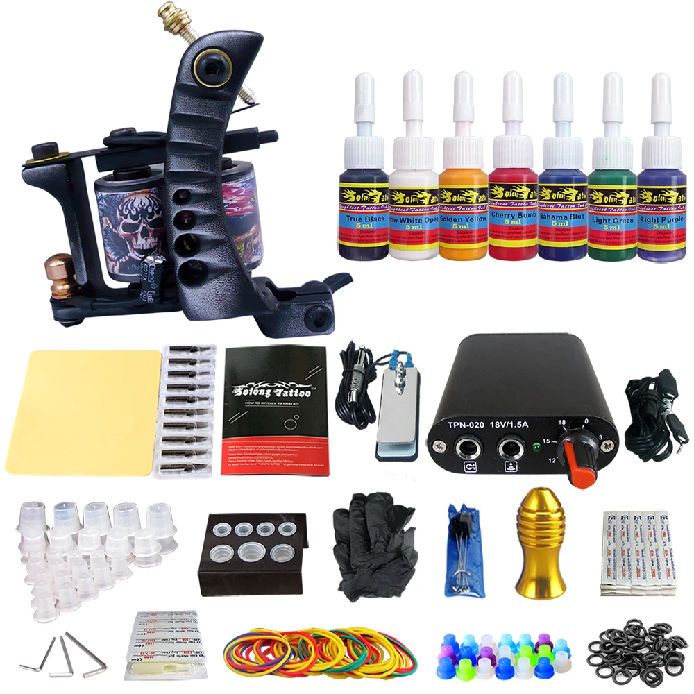 

Complete Tattoo Coil Machine Kit For Liner Shader Power Supply Foot Pedal Needles Grip Tips Tattoo Body&Art TK105-50