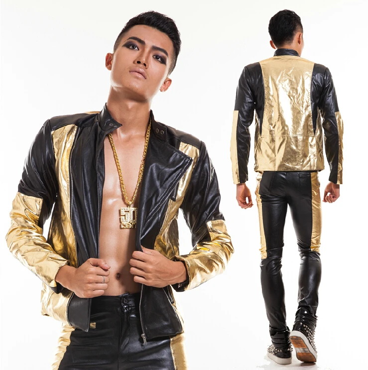 Can be costomized ! Men's brand black gold fashion casual clothes male  stage singers leather jacket suit costumes (jacket pants)|jacket  baseball|jacket blazerjacket pattern - AliExpress