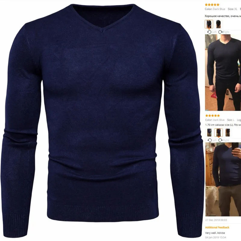 Spring Autumn Men's Cotton V-neck Sweater Plus Size Fashion Slim Fit Solid Knitted Long-sleeved Pullovers Sweater Men Tops M-2XL