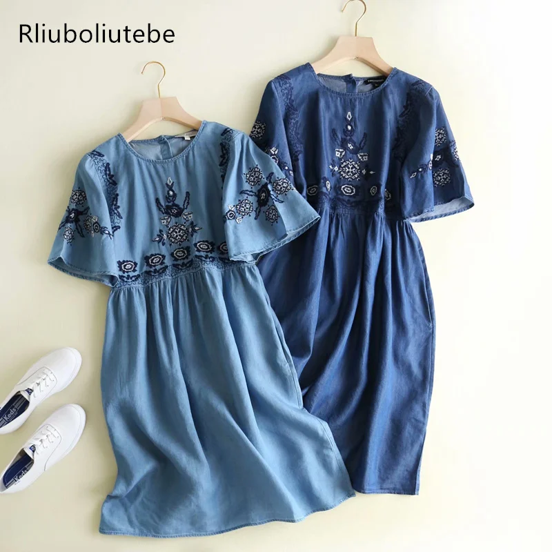 

embroidery summer jeans cute dress women high waist o neck short sleeve floral light blue soft denim dresses casual a-line