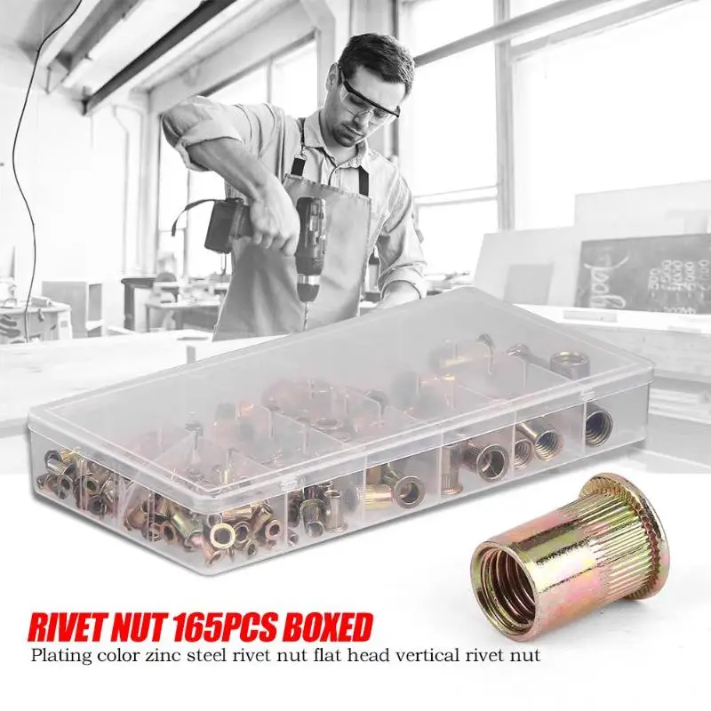 

165pcs/box M3 M4 M5 M6 M8 M10 M12 Zinc Plated Carbon Steel Knurled Nuts Flat Head Threaded Rivet Insert Cap Nuts