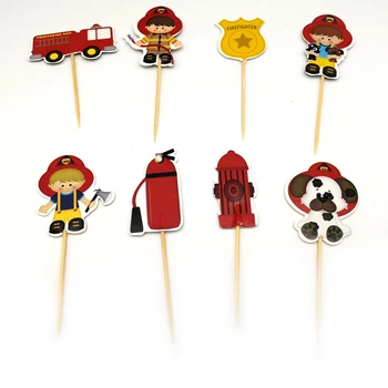 

24pcs/lot Birthday Party Decorate Cartoon fireman Theme Cupcake Toppers with Sticks Baby Shower Boys Kids Favors Cake Topper