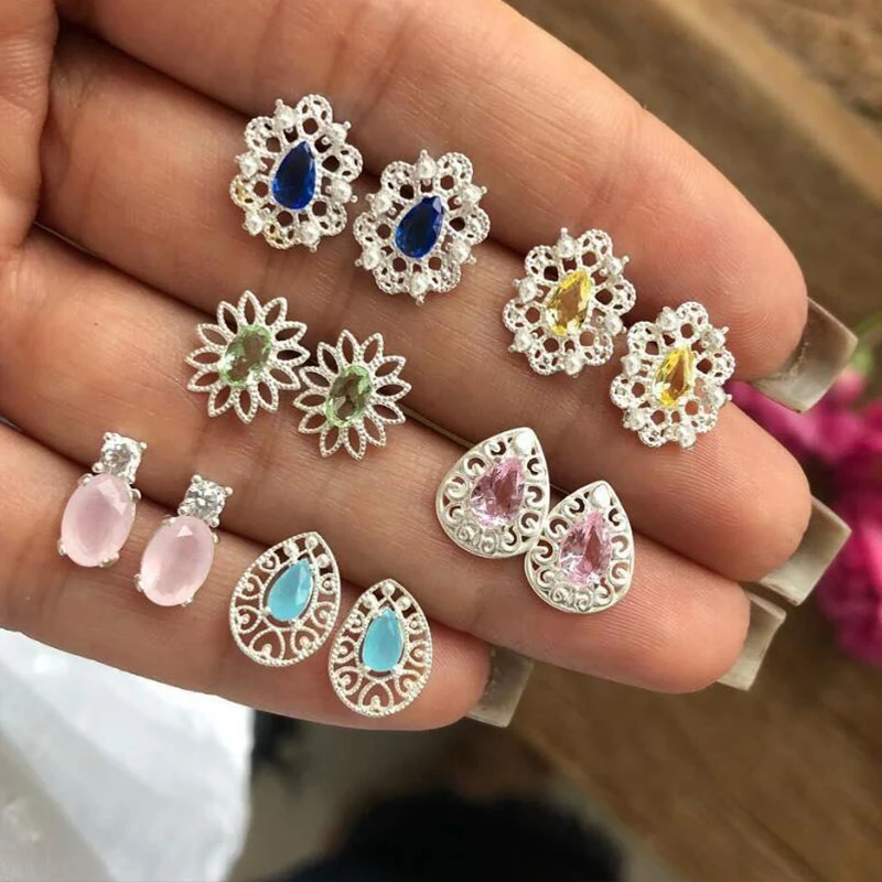 

20 Style Bohemian Retro Pearl Leaf Dolphin Flowers Drop Gems Geometric Crystal Stud Earrings Set Women Charm Party Accessories