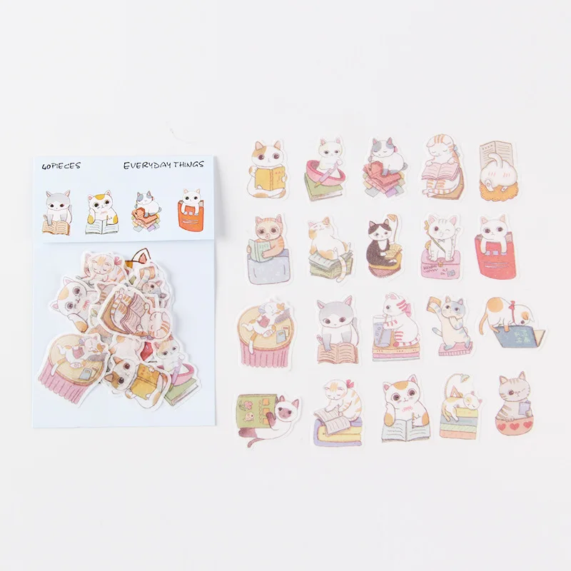

Cartoon Cat Read Book Mini Bag Bullet Journal Decorative Stationery Stickers Scrapbooking DIY Diary Album Stick