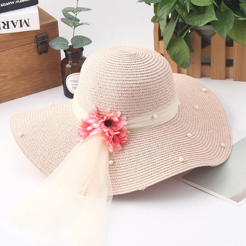 Women Flower Foldable Straw Hat Fashion Pearl Mesh Cap Summer Ladies Wide Wave Brim Beach Hats Handmade Sun Caps CP0221 (5)