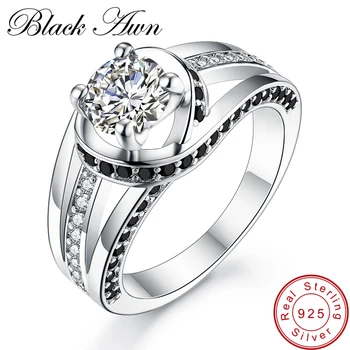 

[BLACK AWN]Classic Wedding Rings for Women 4.4g Solid 925 Sterling Silver Jewelry Black Spinel Prong Srtting Bague C167
