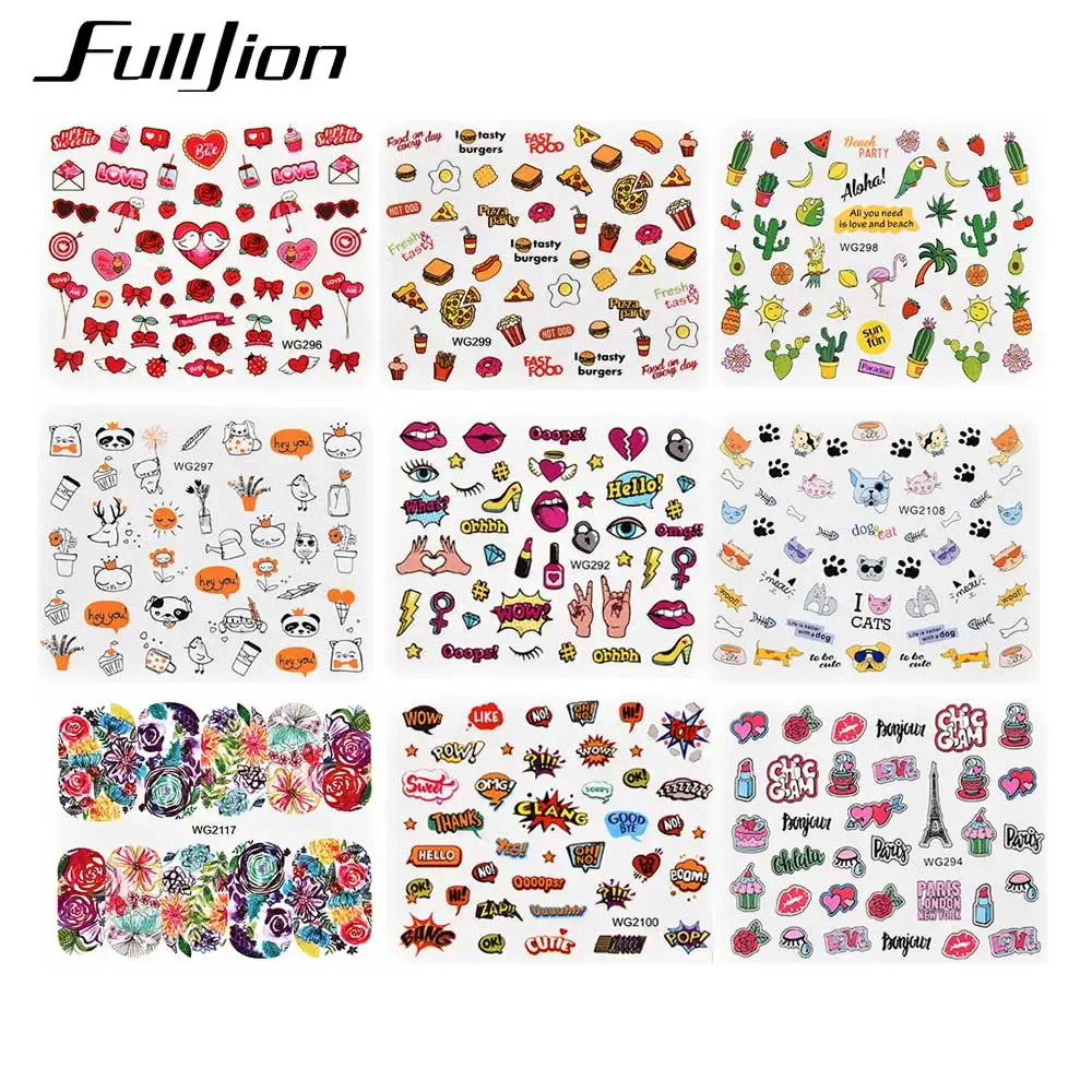 Fulljion 20 шт наклейки для ногтей, Водные Наклейки, красочный дизайн, цветок, животные, фрукты, водные знаки, слайдер, переводные тату, аксессуары для ногтей