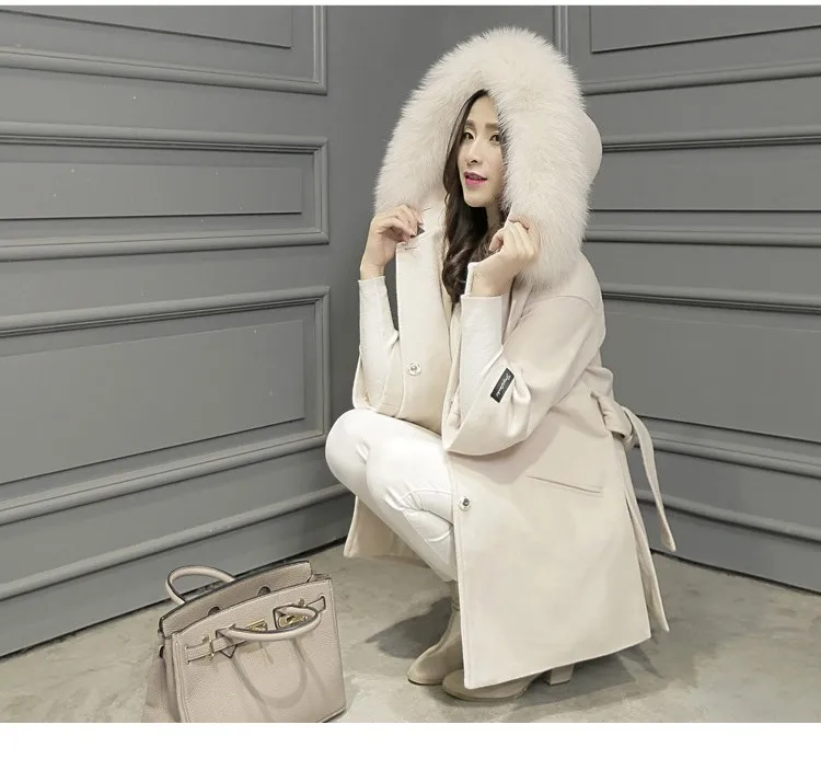 Женское шерстяное пальто с воротником из искусственного лисьего меха, женское модное однобортное приталенное пальто Casaco Feminino WUJ0451