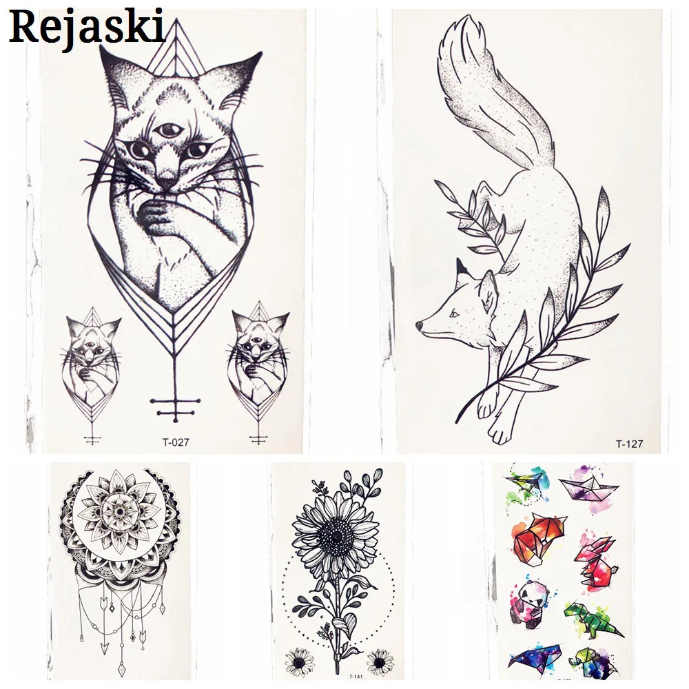 20 Style Cute Geometry Eye Cat Temproray Tattoo For Children Kids Body Art Neck Ear Fake Waterproof Black Women Tatoo Fox Girl