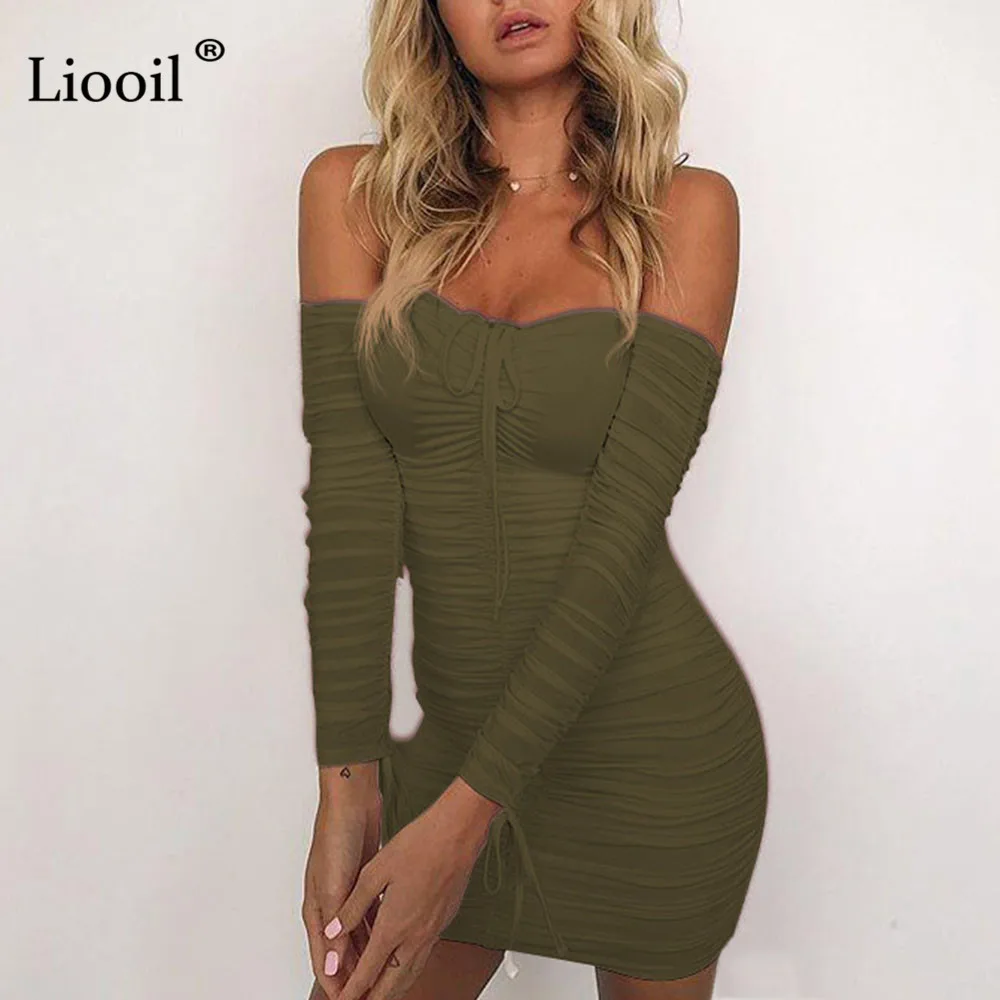 Liooil, сексуальное облегающее платье, женская одежда, осень, платье с открытыми плечами, с длинным рукавом, облегающее, без бретелек, вечерние, драпированные, мини-платья - Цвет: Армейский зеленый