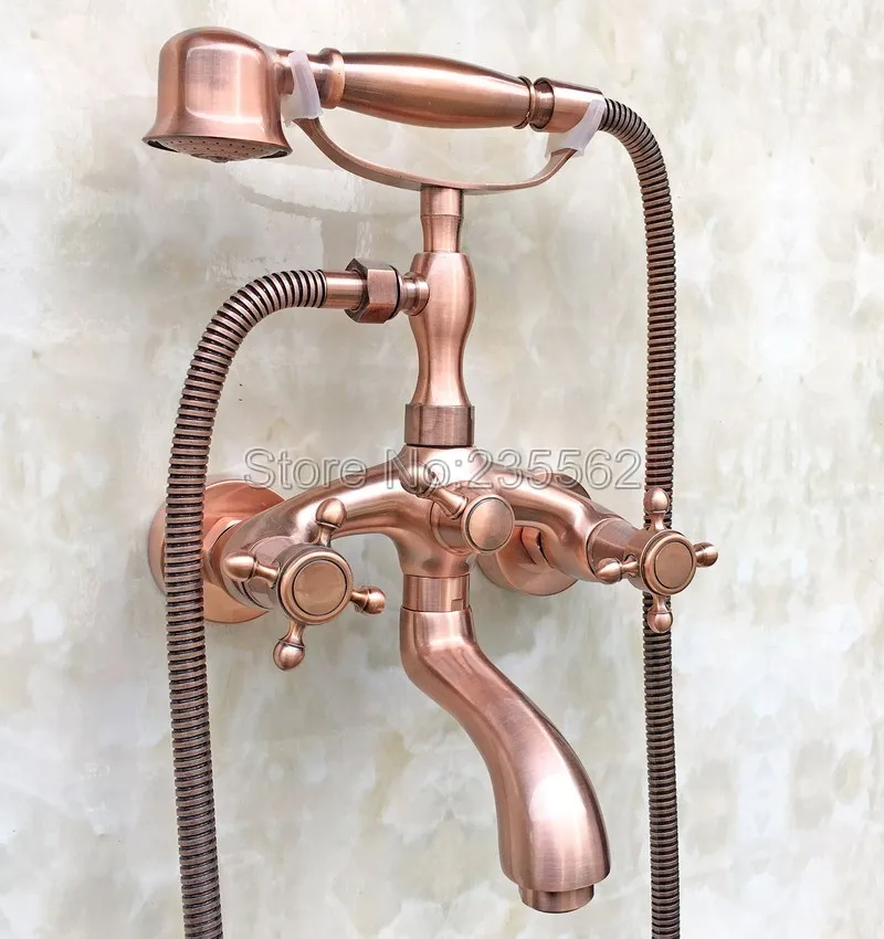 Antique Red Copper Bathroom Shower Taps Dual Handle Bathtub Faucet Set