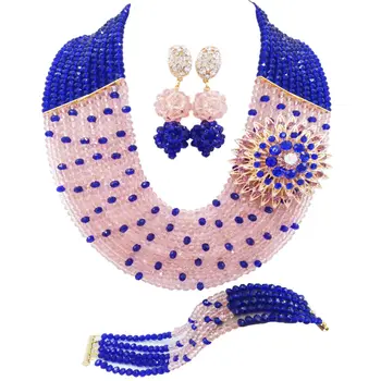 

Fashion Royal Blue Peach Crystal Beaded Statement Necklace Nigerian Wedding African Beads Jewelry Set for Women 10C-SZ44