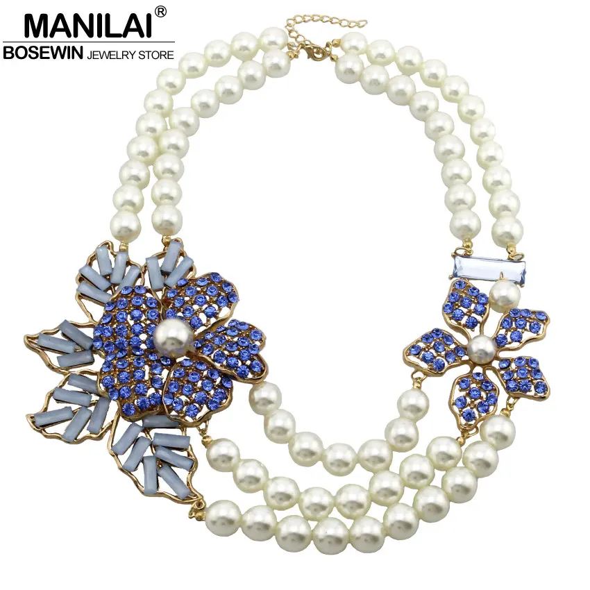 MANILAI Bohemian Multilayers Simulated Pearl Rhinestone Flower Statement Necklaces Women Handmade Collar Choker New Maxi Jewelry