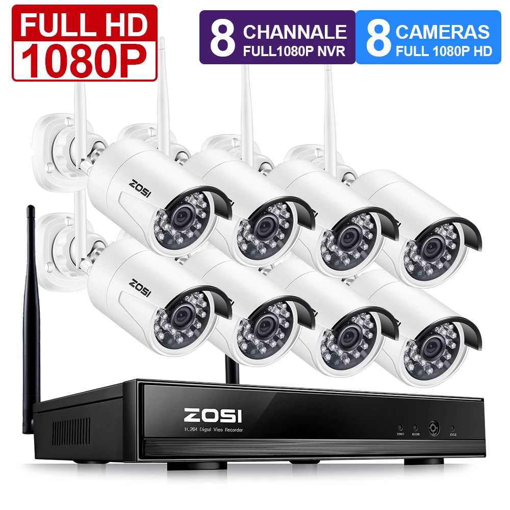 ZOSI 1080P Беспроводная система видеонаблюдения 2MP 8CH мощный NVR IP IR-CUT Bullet CCTV камера WiFi IP система безопасности комплекты видеонаблюдения