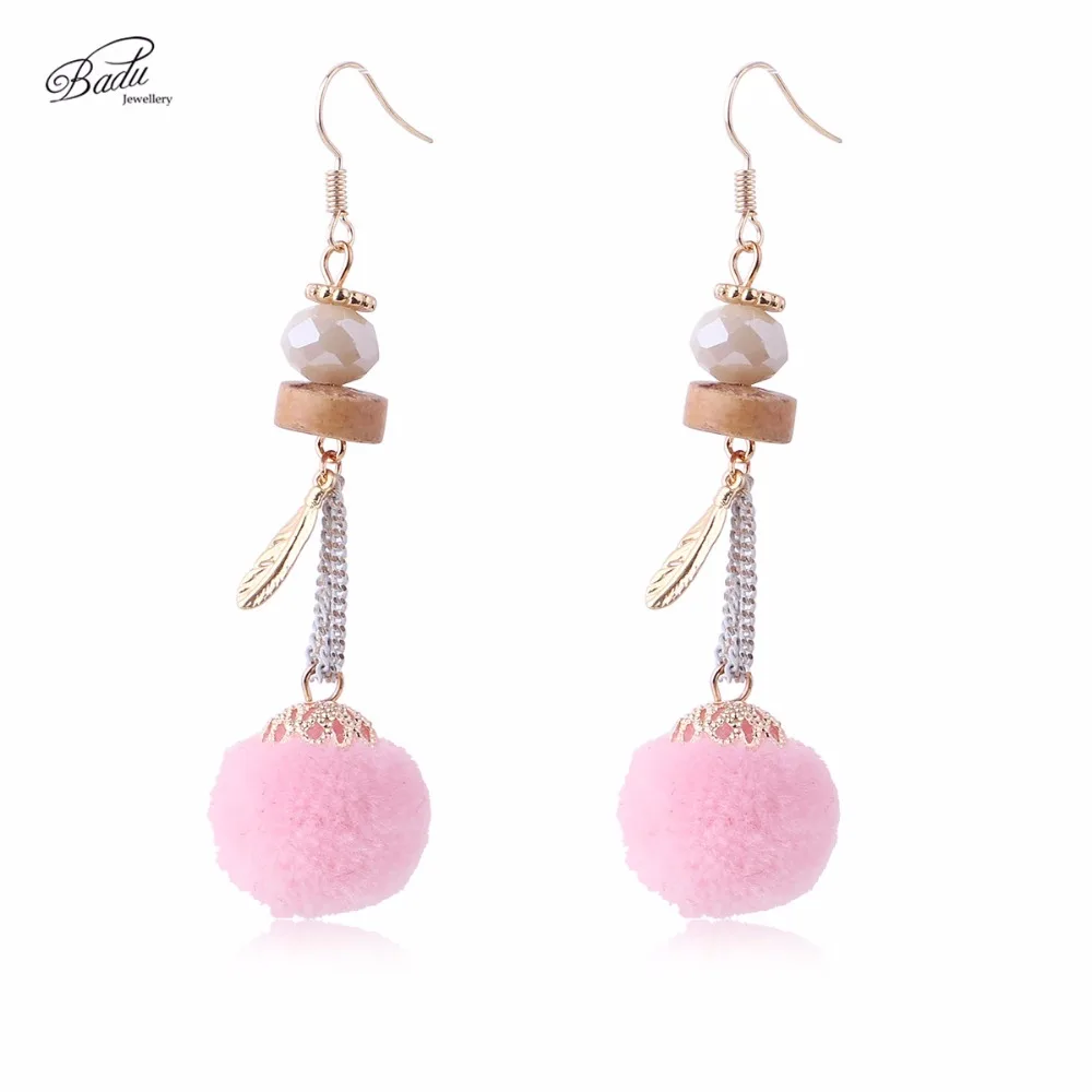 

Badu Long Pink Earring Women Lovely Pom Pom Dangle Earrings Gold Leaf Pendant Jewelry Boucle D'oreille