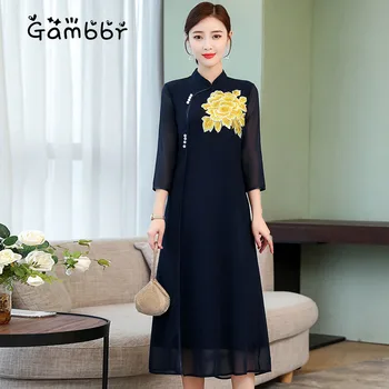 

Elegant Chinese Style Dress Summer Qipao Vintage Traditional Long Dress Plus Size High Quality Embroidery Loose Cheongsam Dress