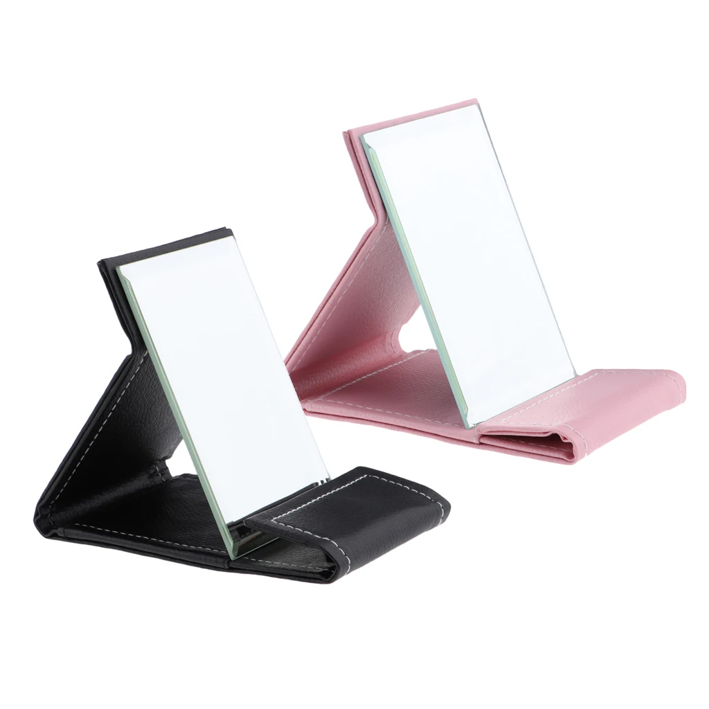 Portable Folding Vanity Makeup Mirror, Slim PU Leather Foldable Compact Makeup Tabletop Travel Cosmetic Mirror with Standing