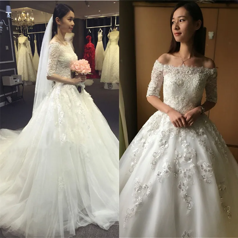 Elegant A Line Lace Wedding Dresses 2019 Custom Made Half Sleeves Sequins Vintage Bridal Vestido De Noiva IZ395 | Свадьбы и
