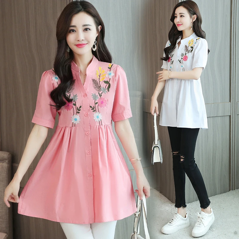 17zq جديد الخامس الرقبة قميص مطرزة طويل حجم كبير مزاجه قميص أنيق بأكمام قصيرة مشبك خياطة تيشرت T9908