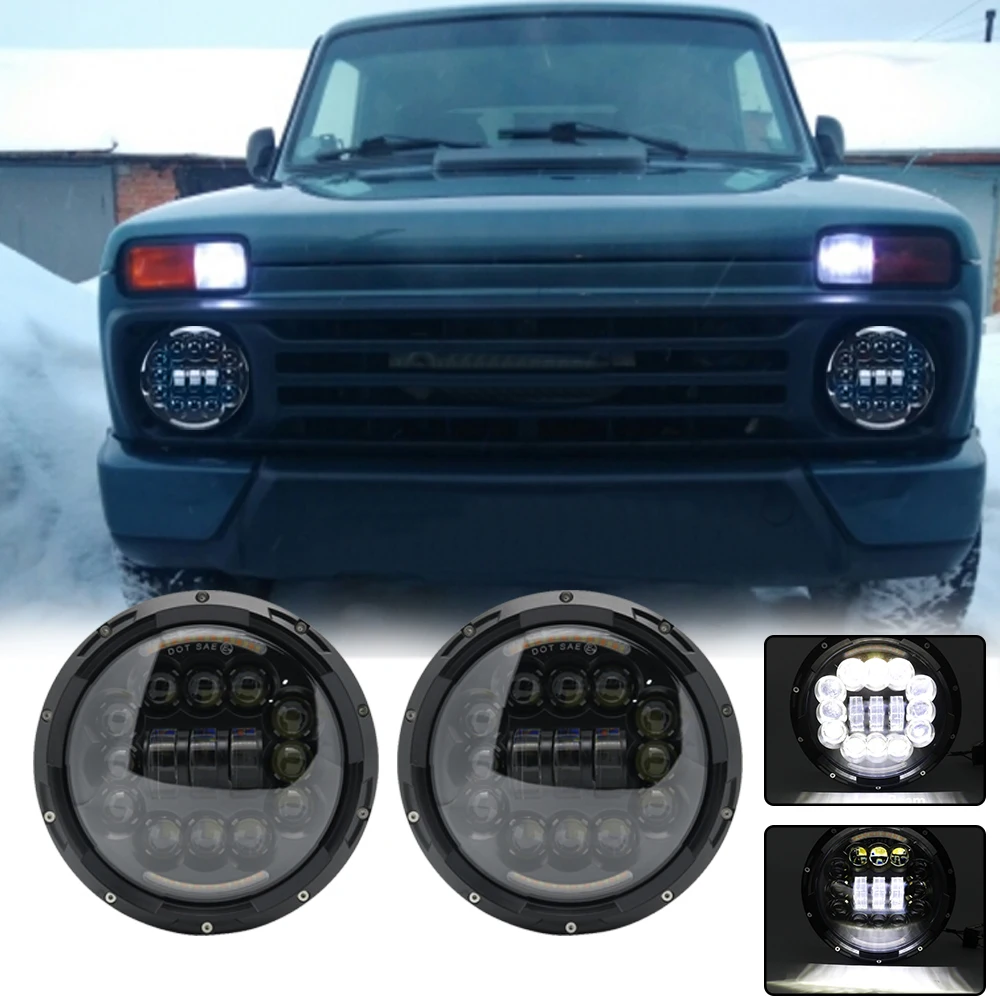 2X 7 Inch 90W 80W H4 LED Round Headlight Daymaker Projector LED Headlamp With Angle Eyes & DRL &Turn light For Jeep Lada Niva (40)