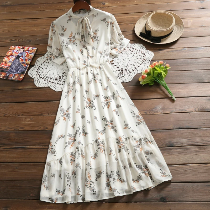 

Summer fashion chiffon floral print dress new design short sleeve elegant vintage dress for women