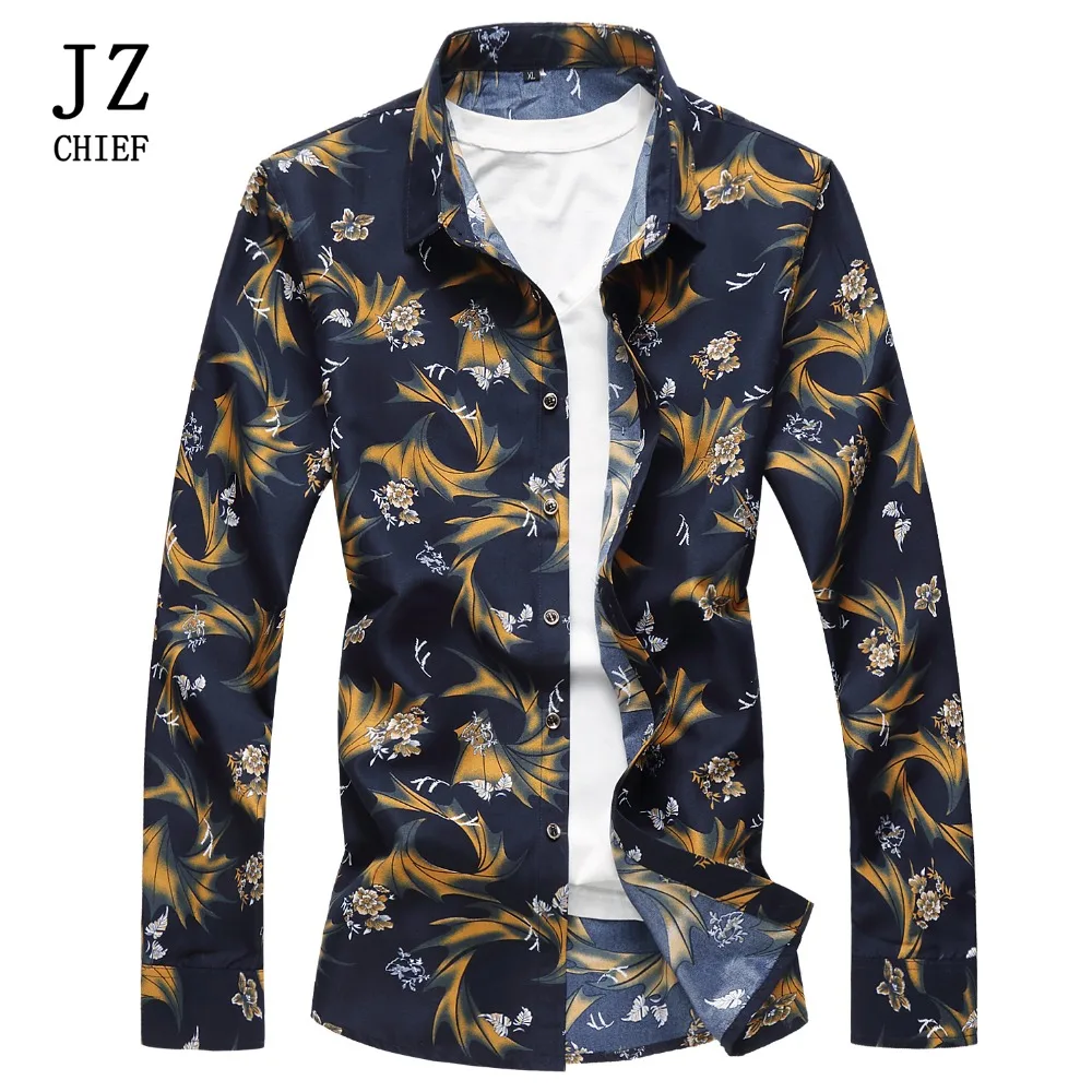 JZ CHIEF 100% Polyester Printed Floral Dress Shirt Men Long Sleeve ...