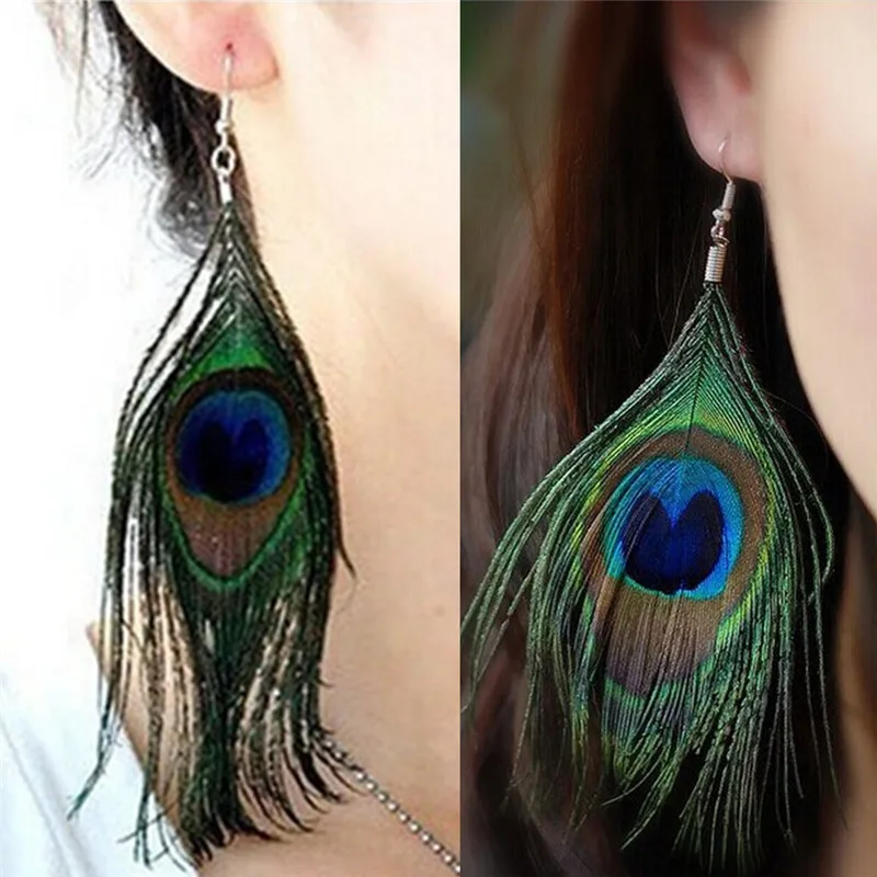 

Crystal Peacock Feather Drop Earrings Long Design Statement