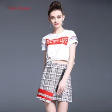 Fairy Dreams 2 Piece Set Women Letter White T Shirt Croped Tops And Plaid Skirt Suits The Feminine 2017 Summer Fashion Clothing