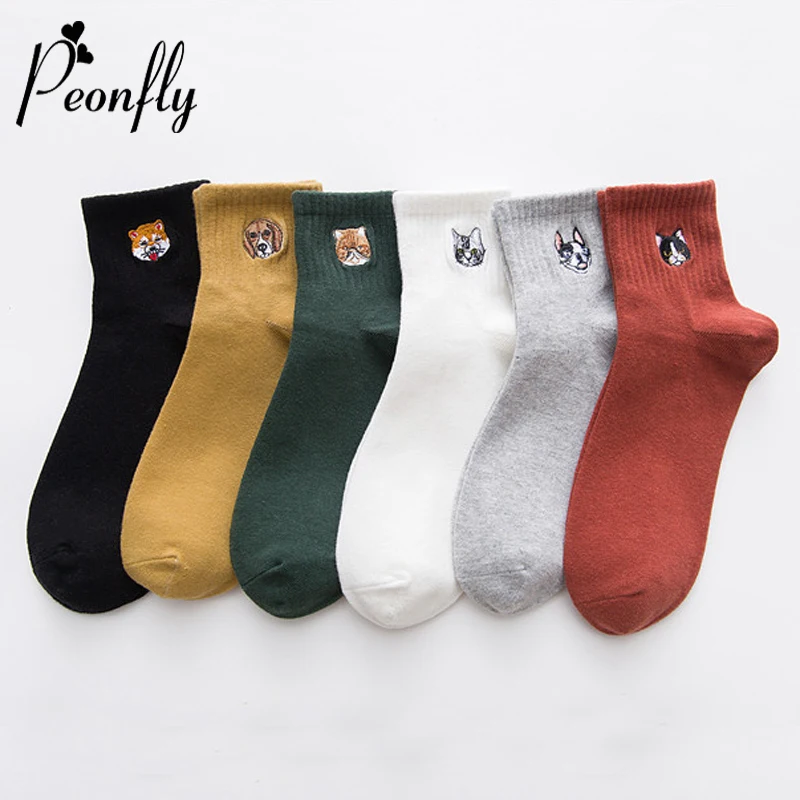peonfly вышивки харадзюку прекрасный мультфильм китти собаки женщина мило белые милые смешные носки женские короткие моды однородный цвет вентиляции хлопок носок чулочно- носочных изделий осенью носочки корейская мода