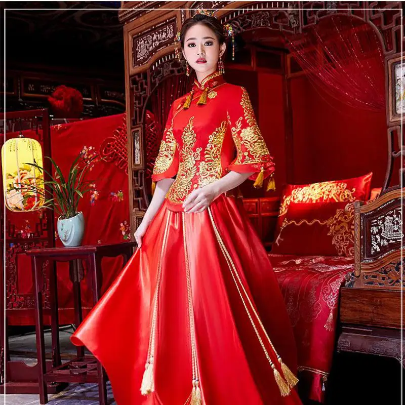 Китайский красный вышивка цветок Qipao классический Cheongsam древняя Свадебное платье Благородный тост одежды брак костюм Vestidos