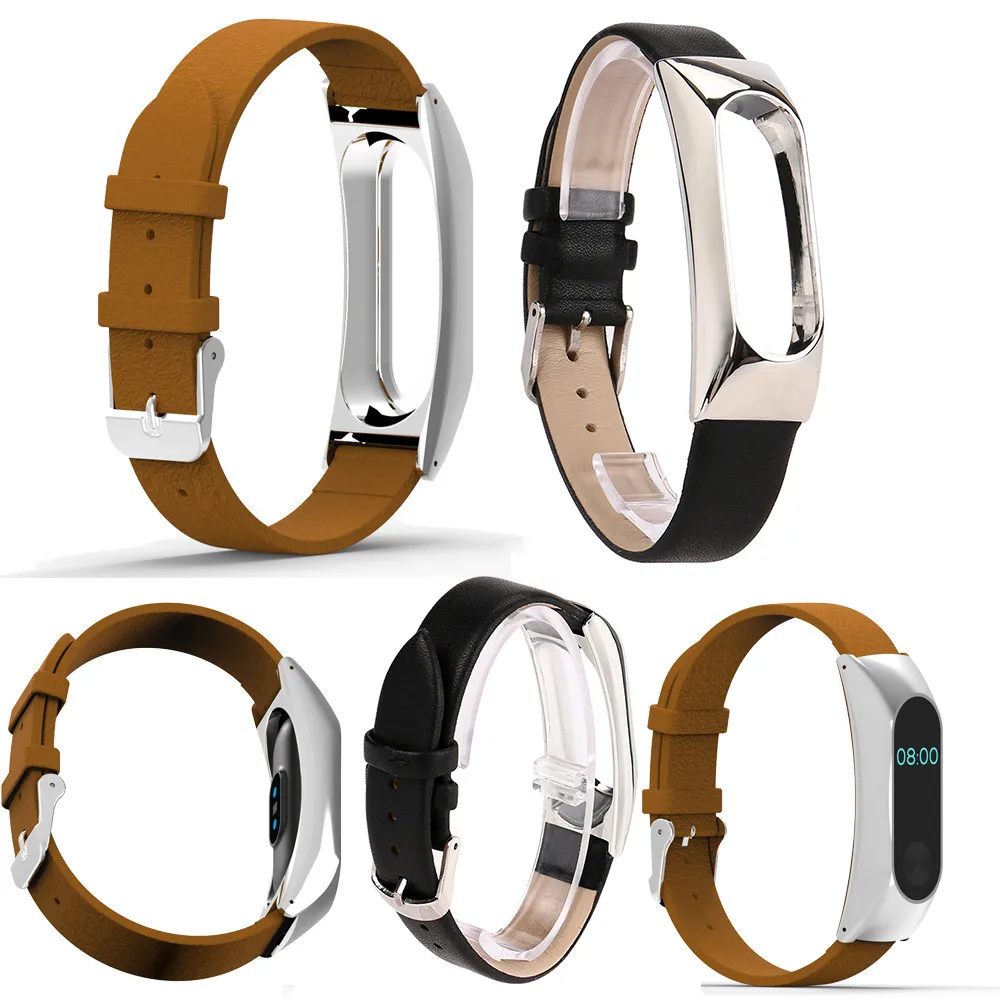 

170-220mm Softness leather Watch Strap Replacement Wristband Band Strap + Metal Case Cover For Xiaomi Mi Band 2 Bracelet durable