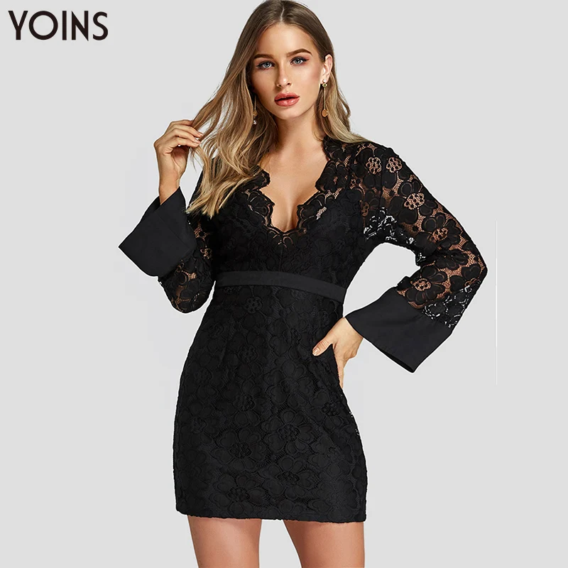 

YOINS 2019 Women Dress Summer Autumn Sexy Black Lace Deep V Neck Bell Transparent Long Sleeve Mini Dress Party Vestidos Sundress