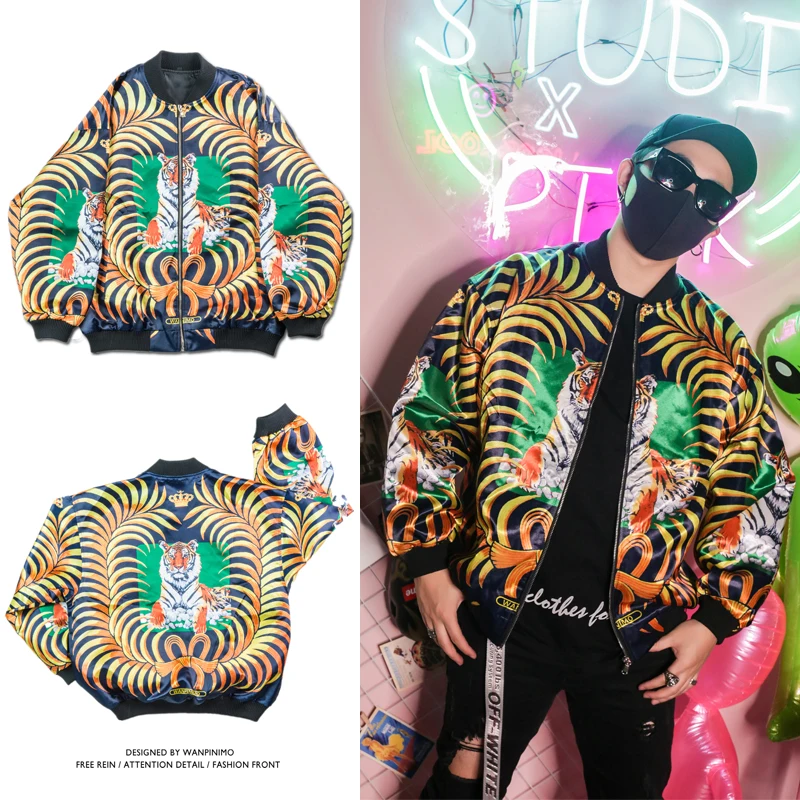 S-5XL! Новейшие костюмы для ночного клуба, мужские певцы, DJ, сценическое шоу, пальто, Мужская свободная бейсбольная куртка с тигром, индивидуальное пальто