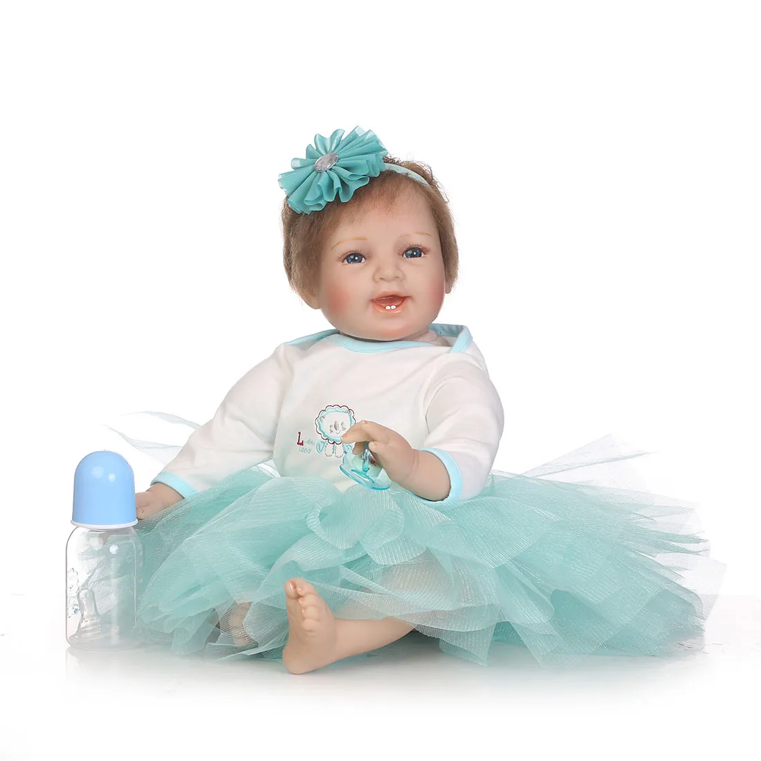 

55cm Opening Eyes Baby Doll Lifelike Fake Baby Doll Silicone Cloth Body Simulation Cute Blue Dress Baby Doll With Movable Limbs
