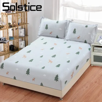 

Solstice Home Textile White Christmas Tree Deer Bed Fitted Sheet 100%Cotton Kid Child Teen Boy Girl Bed Mattress Cover Protector