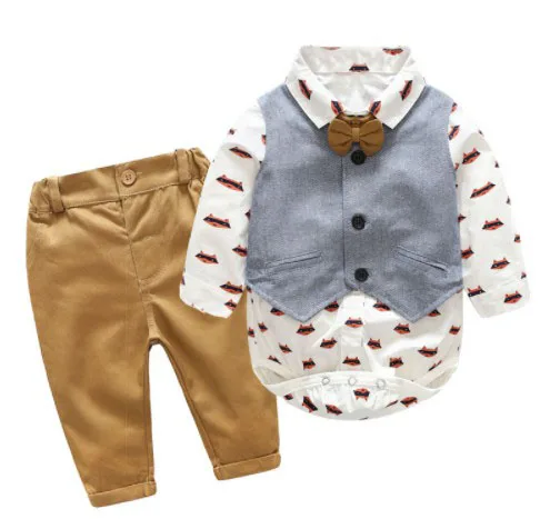 

Newborn Boy Clothing Sets Cotton Gentleman 2018 Autumn Spring Fashion Plaid Rompers + Jeans + Vest Baby Clothes 0-24M