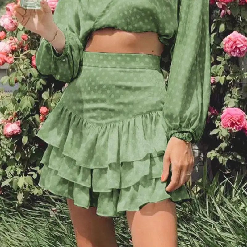 

Bohemian polka dot ruffle women cupcake skirts Summer high waist green female skirts Beach style ladies chiffon short mini skirt