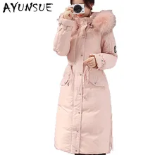 Куртка-пуховик на утином пуху Для женщин утепленные помпон из натурального меха тонкая талия пуховое пальто средней длины длинное пальто-парка женский doudoune femme XC009