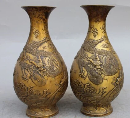

RHS0196 10" Marked Chinese Bronze Gilt Dragon Beast Flower Vase Bowl Pot Pair Statue