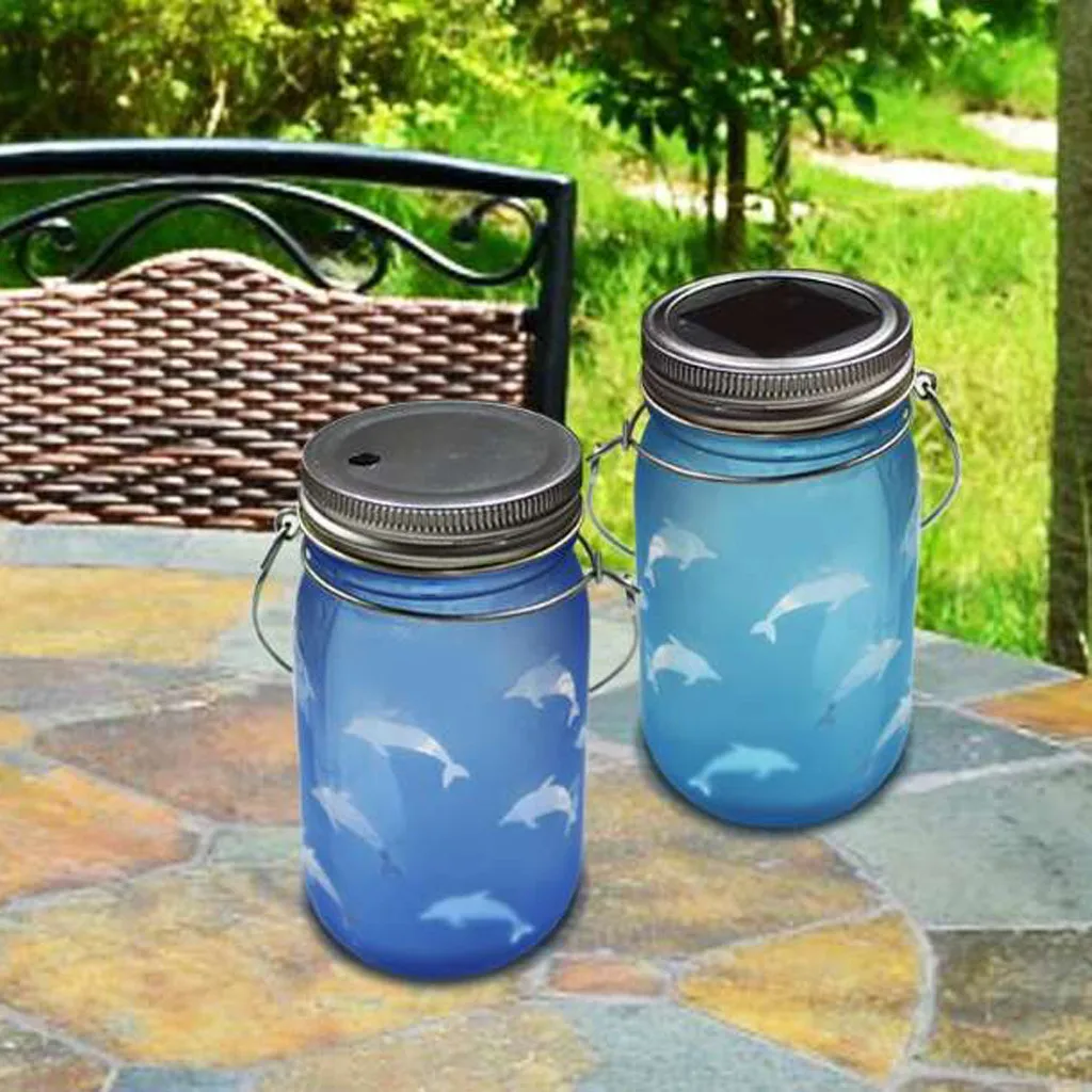 Novedades ручной травленый дельфины солнечный светильник Mason Jar светодиодный светильник проекция бутылки ночной Светильник патио