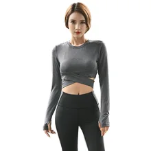 Футболка для йоги Женская Йога с длинным рукавом пуповина крест-Спорт с длинным рукавом быстросохнущая повседневная сексуальная Спортивная одежда для тренажерного зала рубашка для йоги