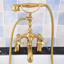 Luxury Gold Color Brass Double Cross Handles Deck Mounted Claw Foot Bathroom Tub Faucet Mixer Tap With Handshower mtf775