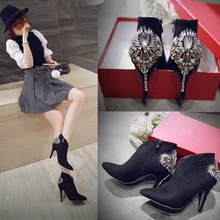 Стильные ботильоны с острым носком, украшенные кристаллами и цветами; женская зимняя обувь на высоком тонком каблуке; женские вечерние и свадебные пикантные ботиночки