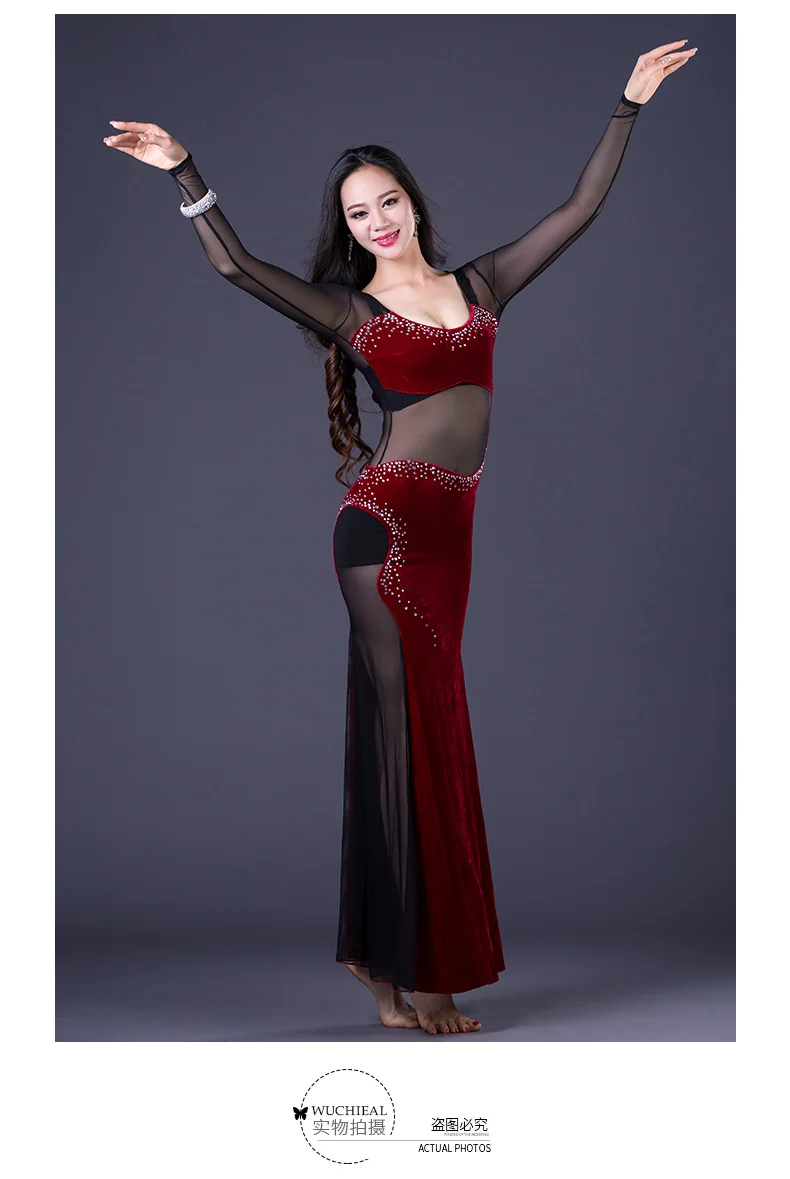 Wine Red Корейский Костюм для восточных танцев, цельное женское длинное платье, сексуальный прозрачный сетчатый танцевальный наряд, бархатный, фиолетовый, черный, ярко-розовый, M, L - Цвет: Wine Red