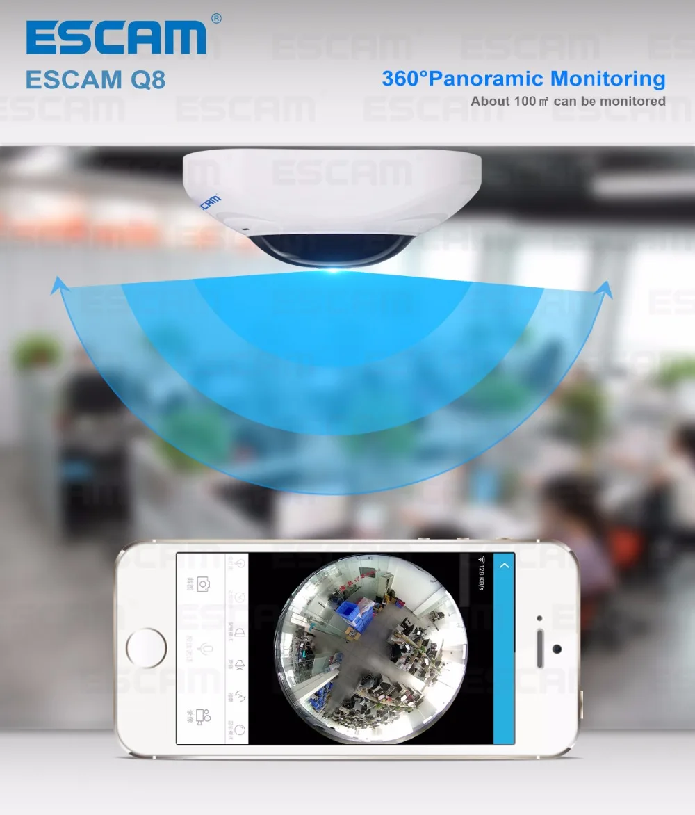 ESCAM Q8 HD 960 P 1.3MP 360 градусов панорамный монитор Fisheye WI-FI ИК инфракрасный Камера VR Камера с двухстороннее аудио/детектор движения