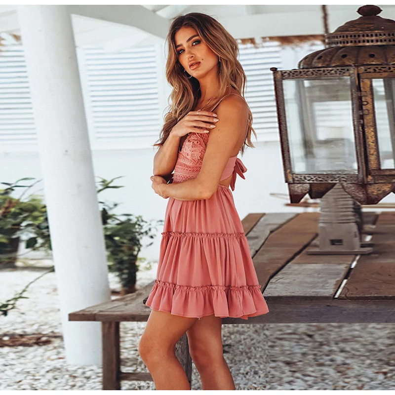 Summer Ladies Bohemian Beach Sexy Spaghetti Strap Deep V-neck Dress Casual Sleeveless Backless Bow Lace Patchwork Dresses