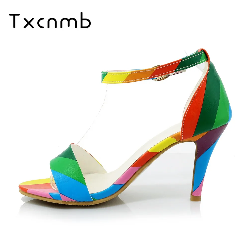 

TXCNMB 2019 newest women sandals fashion woman shoes mixed color summer shoes sexy stiletto heels party shoes woman big size 43
