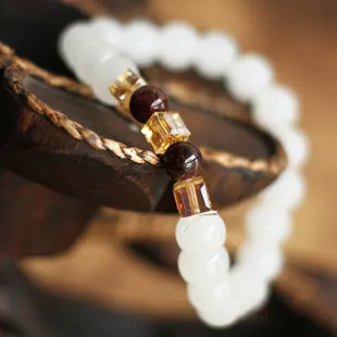 Браслеты и Обручи из натурального белого халцедона с гранатом 7 мм|bracelet fashion|bracelet