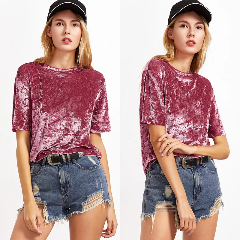 

Pleuche Short-sleeved O-Neck T-shirt Solid Color Summer Women Short Sleeve Tee Pleuche Rayon Fashion Bottom Tops Tees