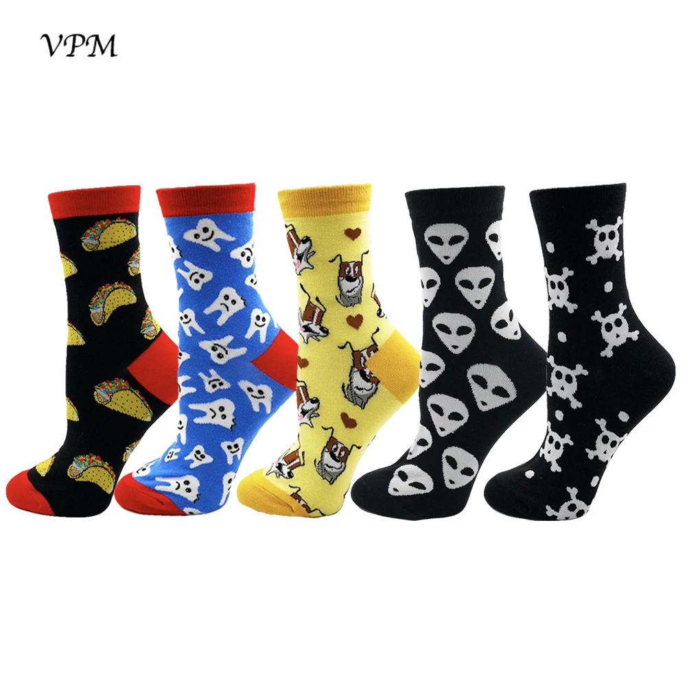 

VPM 5 Pairs/Lot Women's Dress Socks Colorful Cartoon Cute Skull Alien Dog Mexican Roll Tooth Funny Sock for Female